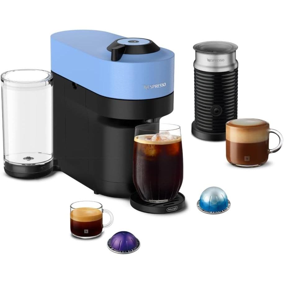 Nespresso Máquina de café e café expresso Vertuo Pop+ da De'Longhi com espumador de leite Aeroccino, azul pacífico