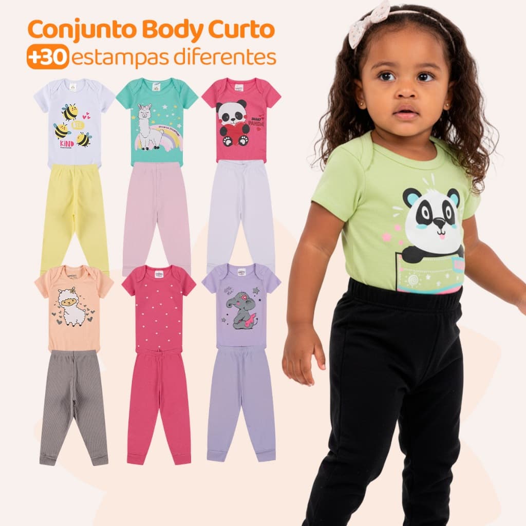 Kit 12 Peças de Roupas para Bebê Menina (6 Body Curto + 6 Calça Mijão)Kit 6 Body Roupa Infantil Bebê