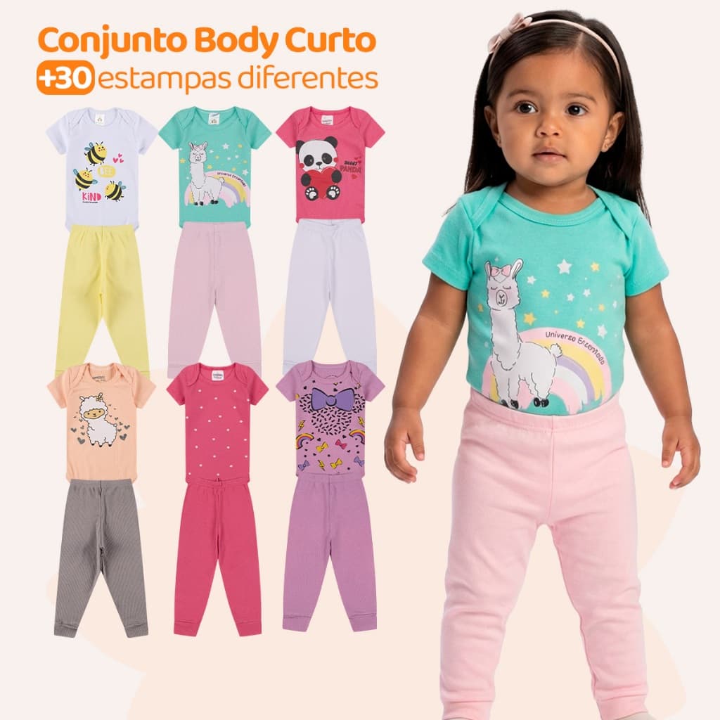 Kit 8 Peças de Roupas para Bebê Menina (4 Body Curto + 4 Calça Mijão)Kit 4 Body Roupa Infantil Bebê