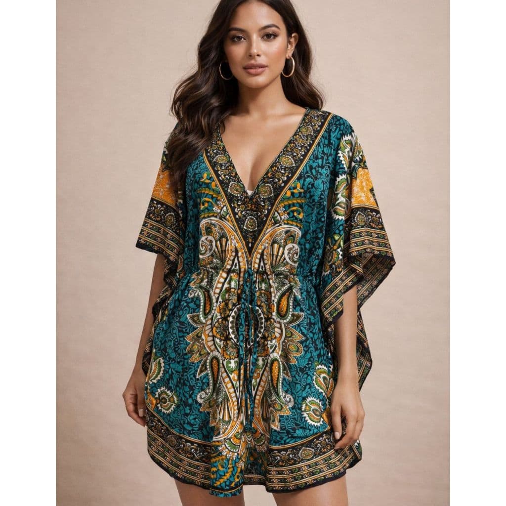 Kaftan Feminino Curto Estampado | Saída de Praia | Vestido Verão Bata Indiana