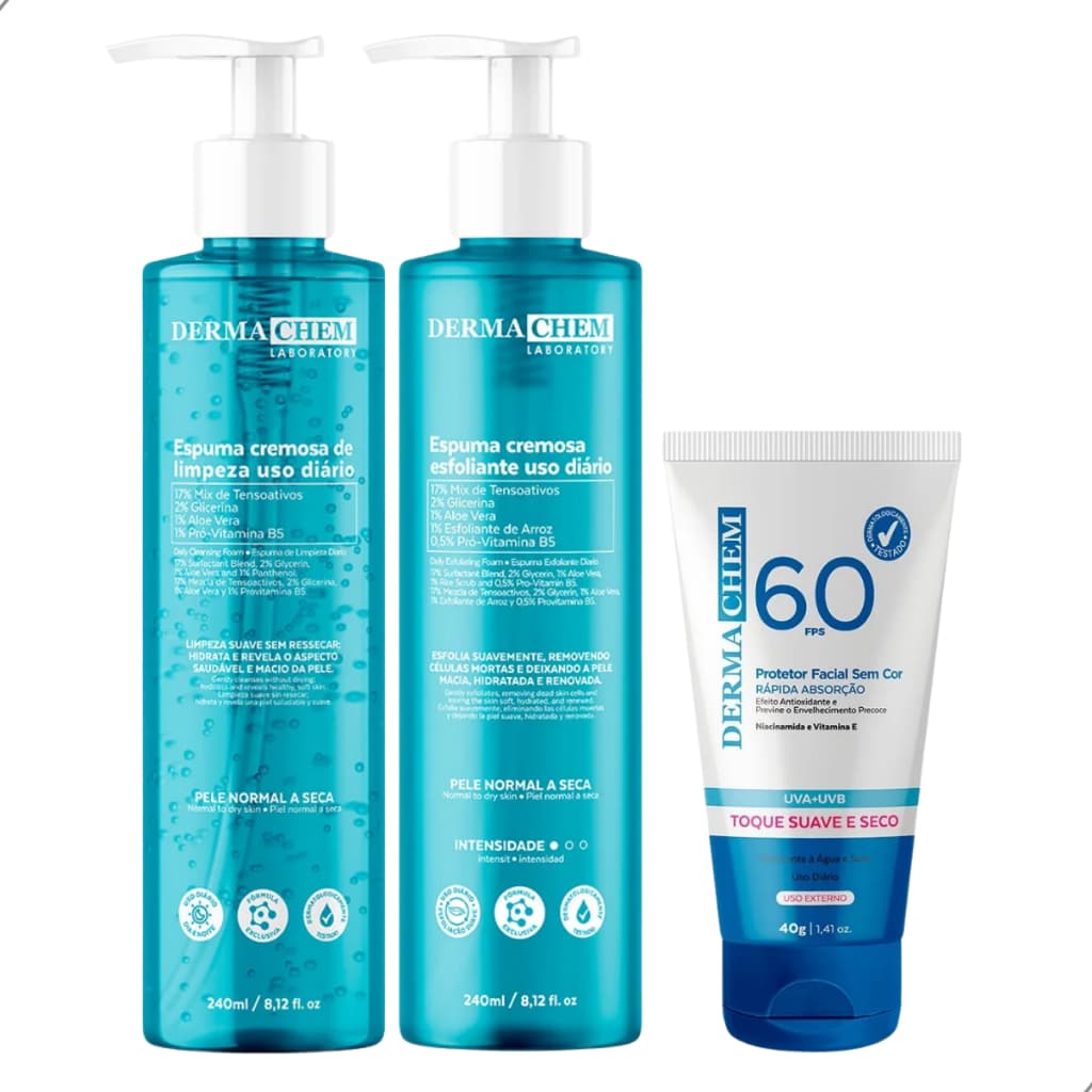 Kit Facial com Espuma de Limpeza + Esfoliante + Protetor Solar FPS 60 Dermachem