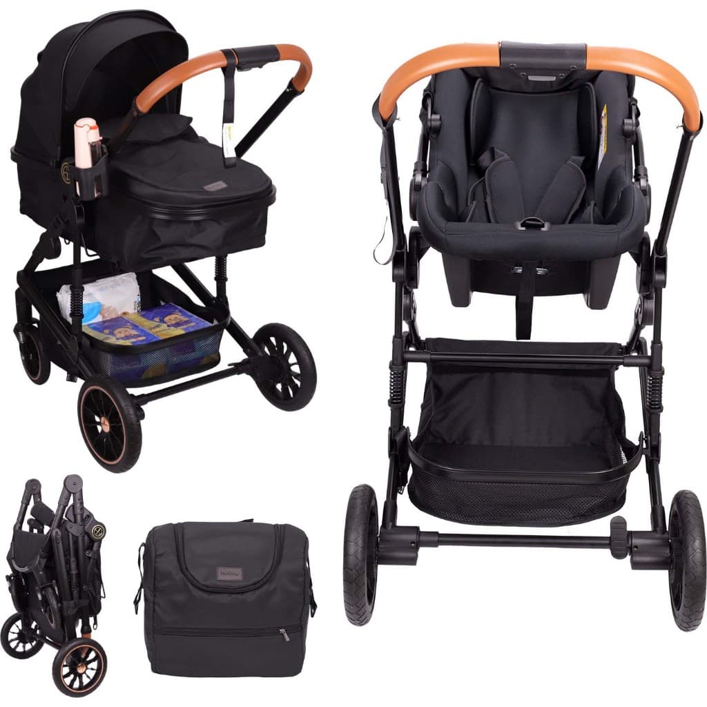 Carrinho de Bebê Premium 3 em 1 com Bebê Conforto, Reclinável, Suspensão Amortecida, Dobrável e Compacto–Luxo