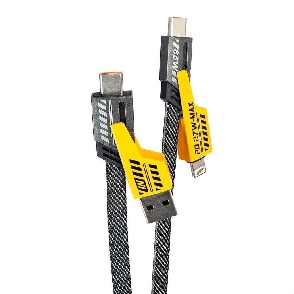 Cabo Carregador Rápido 4 em 1 65W – 1 Metro – USB-A e USB-C para Type-C e Lightning Nylon Preto