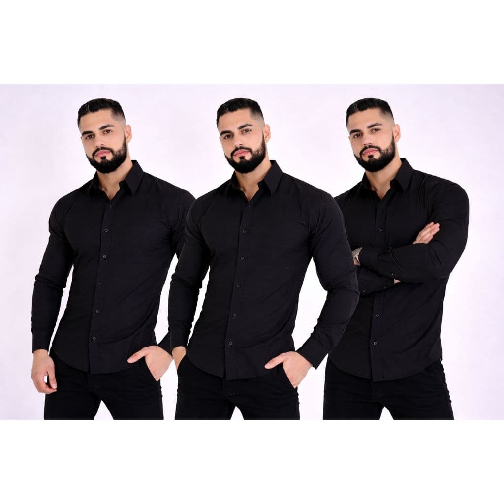 Kit 3 Camisas Social Masculina Manga Longa Slim Fit Premium De Botão Tamnhos P Ao GG