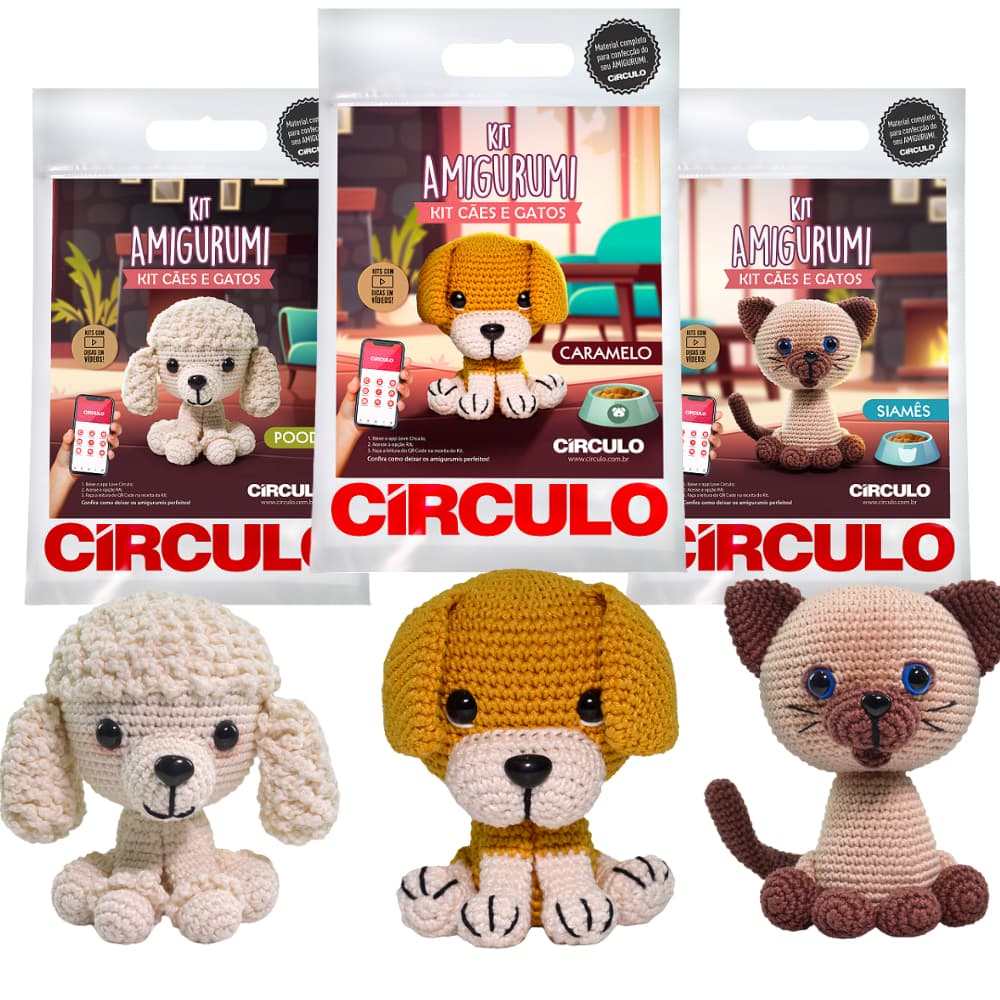 Kit Amigurumi Círculo Cães e Gatos Crochê Completo Original Iniciante