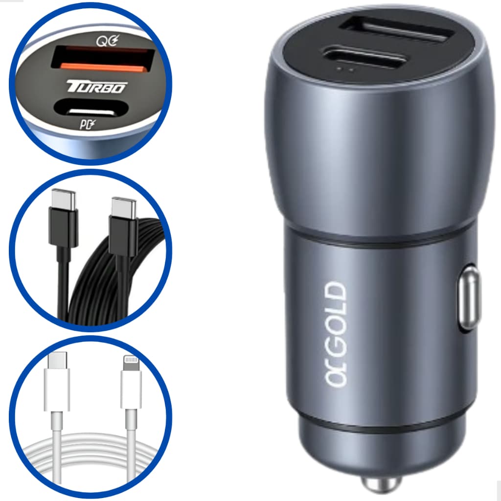 Carregador Veicular Tipo C Usb + Cabo 2 Portas 60W 9.1A Não Aquece Selo Anatel Turbo Super Rápido
