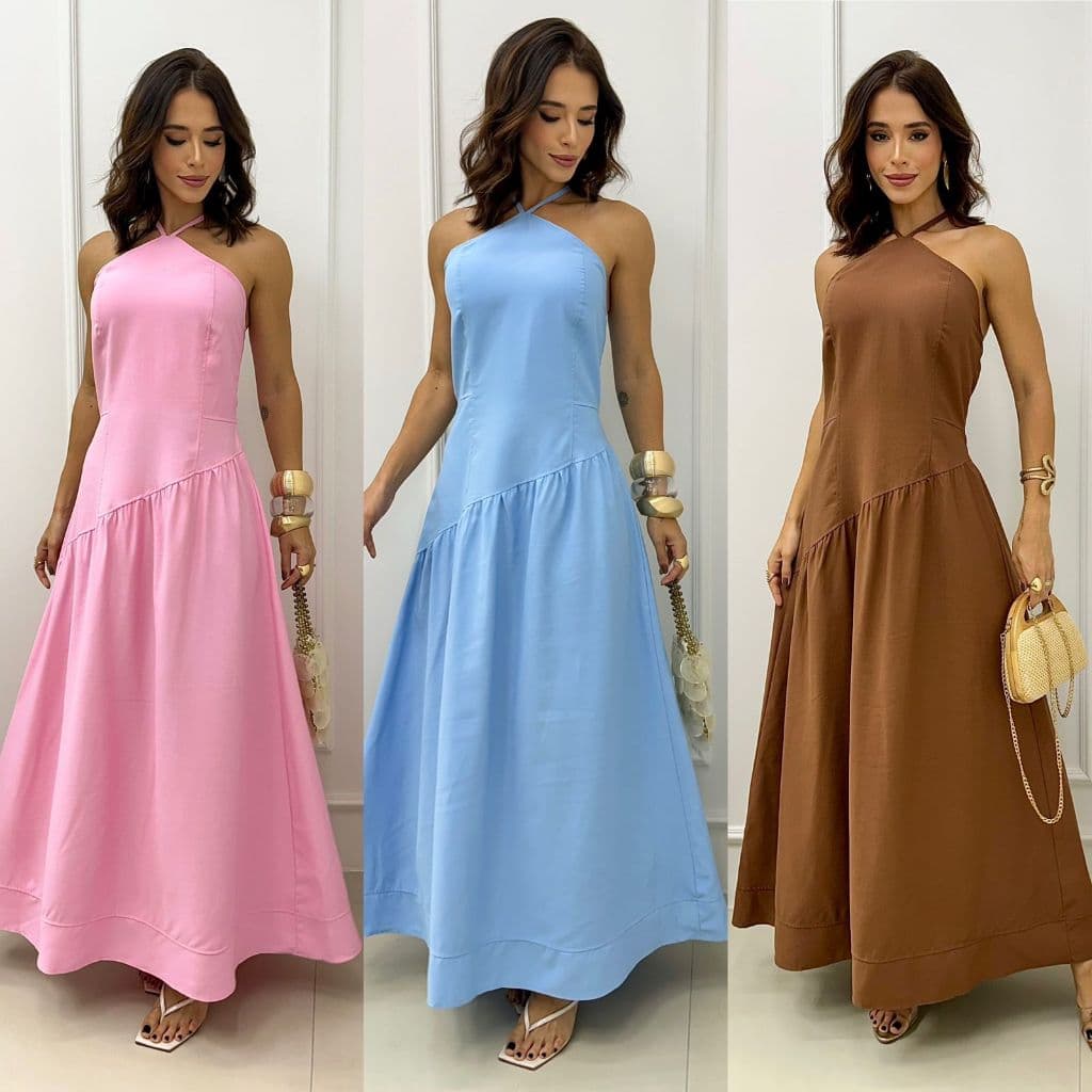 VESTIDO FEMININO COM AMARRAÇÃO NO PESCOÇO MODA VERÃO ELEGANTE