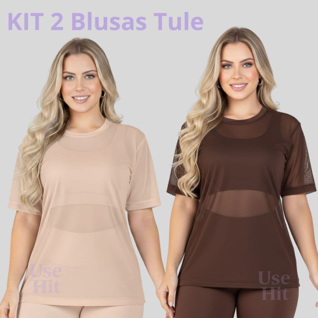 Kit 2 Blusa Feminina Transparente de Tule Manga Curta Blusão Academia Treino Fitness