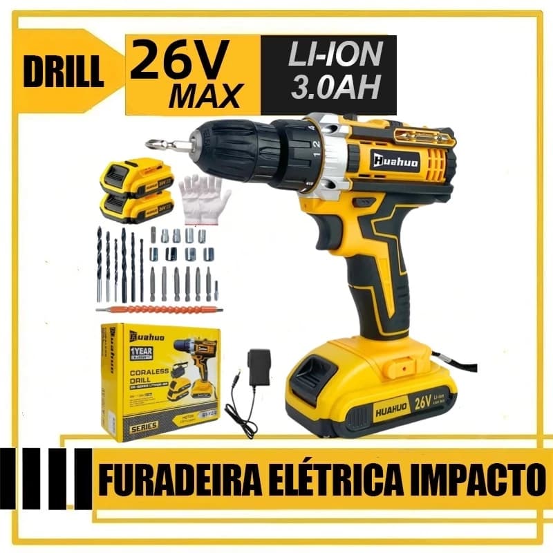 【110V-220V】Parafusadeira A Bateria Furadeira Parafusadeira 26V 2 Baterias Conjunto de acessórios de 24 peças gratuito.