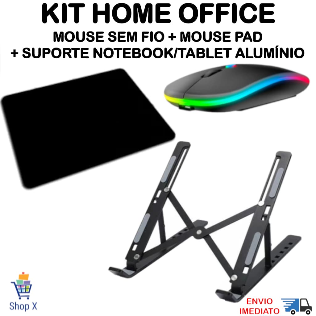 Kit Mouse Sem Fio Recarregável mais Suporte Notebook em Alumínio Regulável e Mousepad Home Office