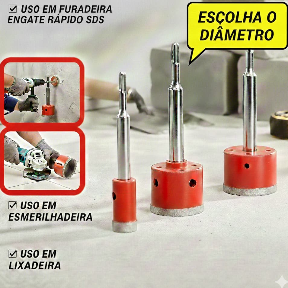 Serra Copo Diamantada Engate Rápido SDS Martelete Furadeira Esmerilhadeira (ESCOLHA O DIÂMETRO)