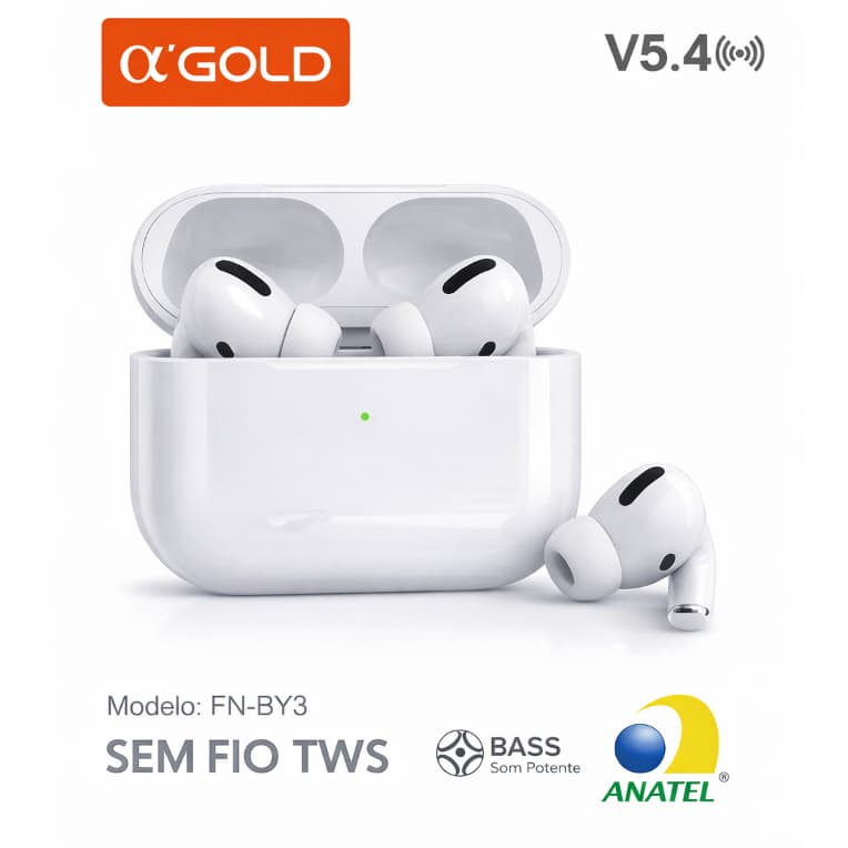 Fone De Ouvido A'Gold FN-BY3 Bluetooth Sem Fio V5.4 Branco TWS Borracha