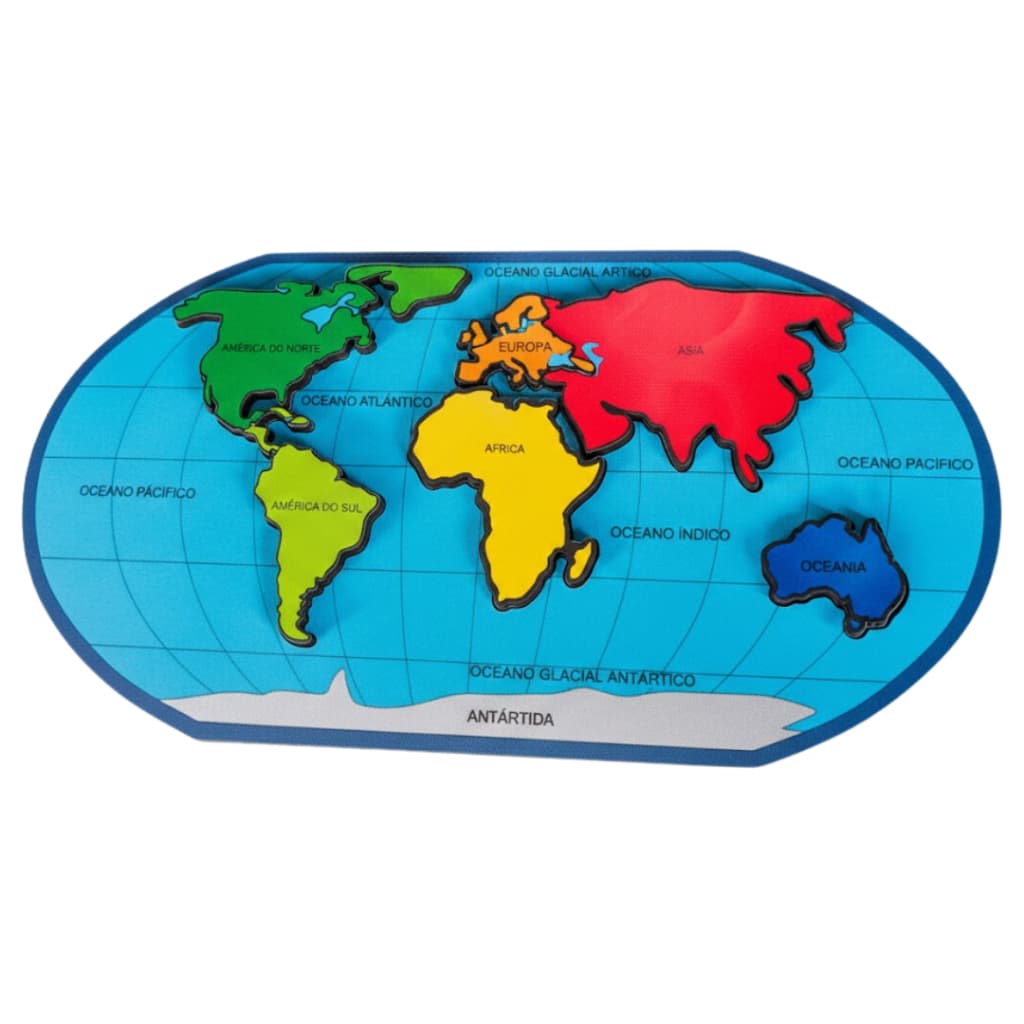 Jogo de Encaixe Mapa Mundi Infantil Educativo Continentes Coloridos Brinquedo Pedagógico Educativo