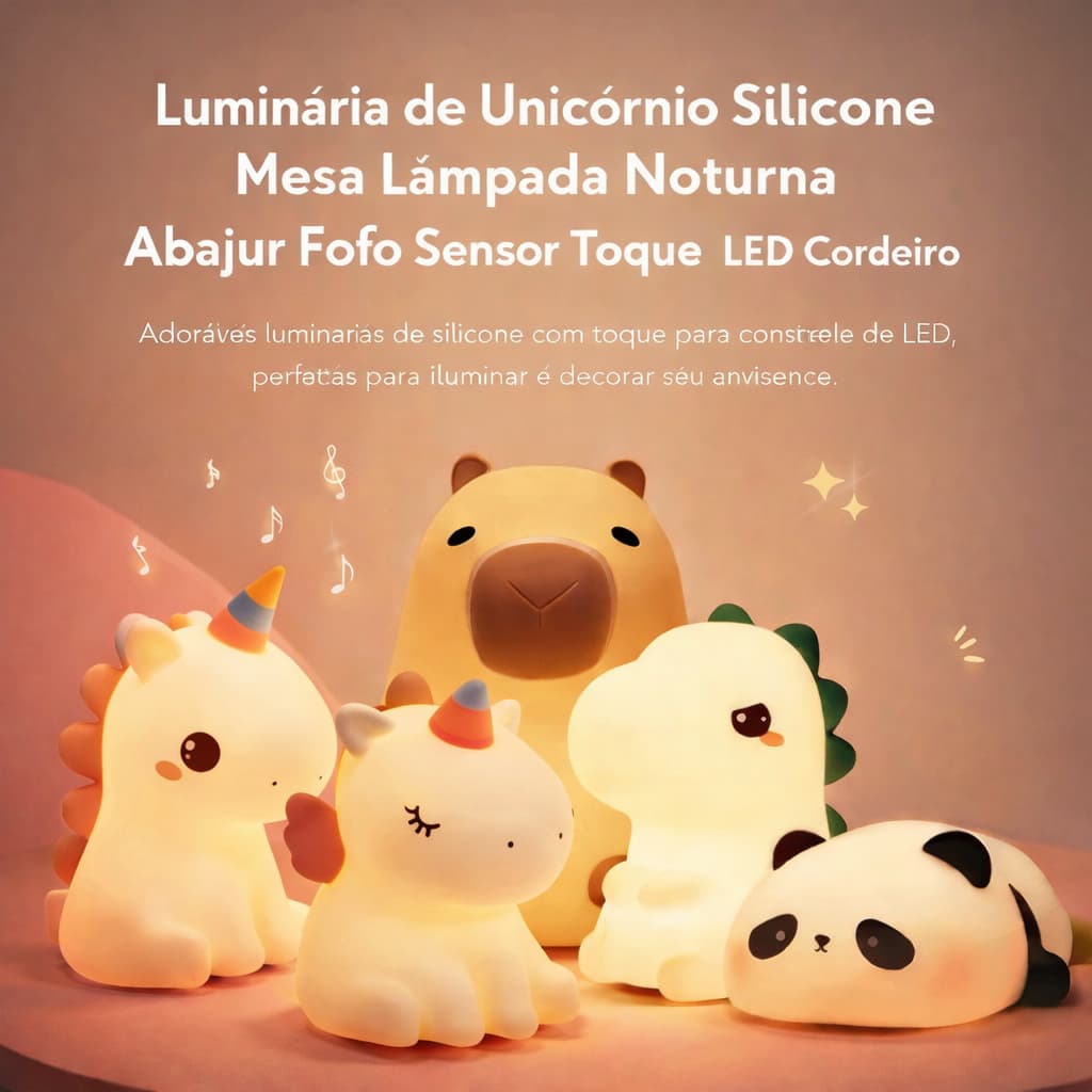 Luminária de  Capivara Unicórnio Silicone Mesa Lâmpada Noturna Abajur Fofo Sensor Toque Touch Led Cordeiro