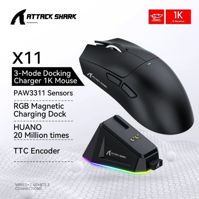 Attack Shark X11 Tri-Mod 22k DPI RGB Base de Carregamento Dock – Sem Fio Mouse Gamer