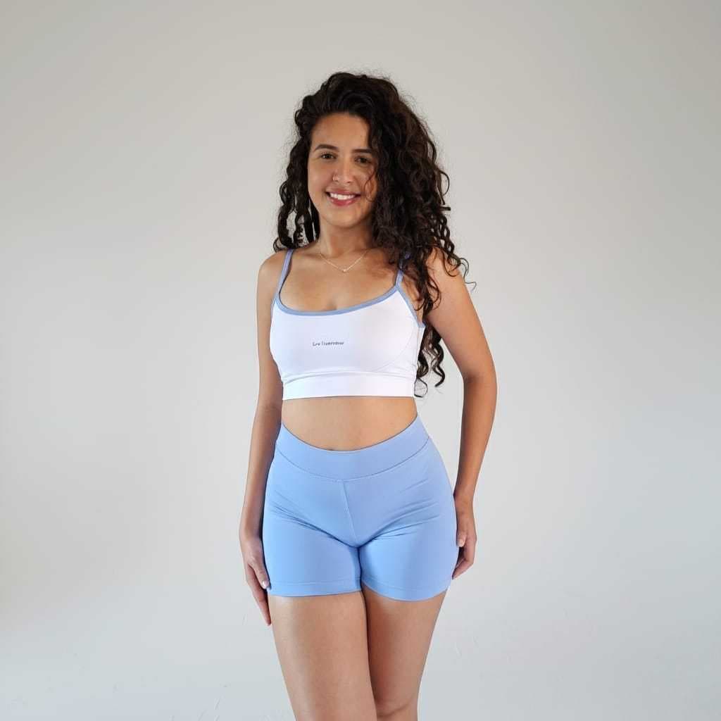 Conjunto Fitness Feminino Azul Claro com Top Branco Short Cintura Alta Roupa Academia Feminina