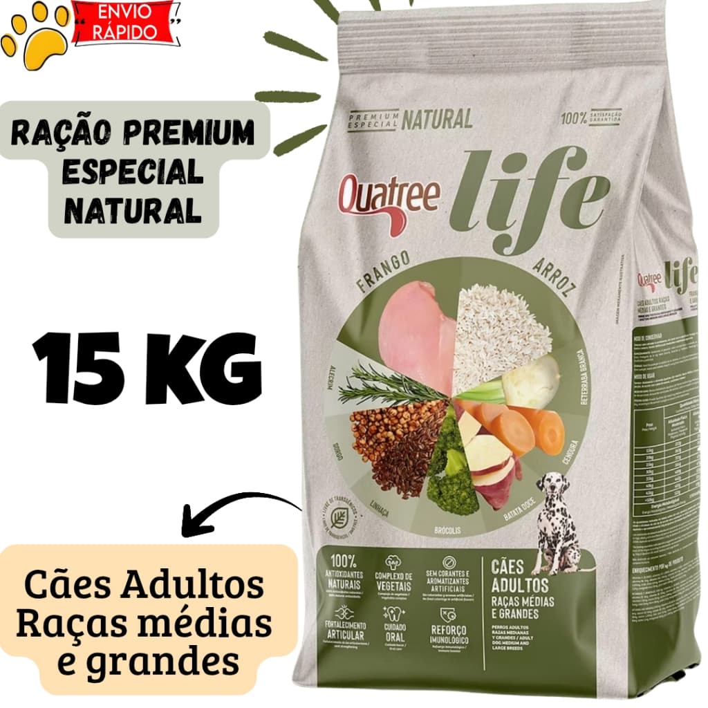 Ração Quatree Life 15kg Frango e Arroz Cães Adultos