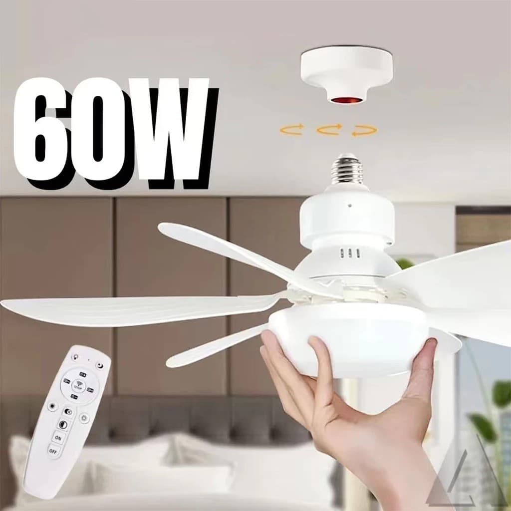 Ventilador Luminária Led 6 Pás Lâmpada Soquete Bocal E27 42/37CM Teto 3 Cor Luz Branco Amarelo Contróle 60W