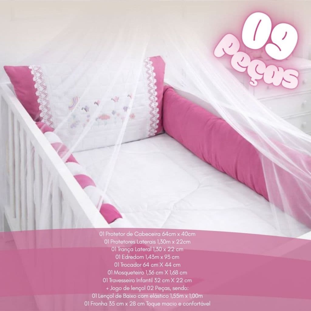 Kit Berço Menina Rosa, Rosê, Lilás, Pink | Flores e Jardim | 9 peças Antialérgicas! 100% Algodão - Enxoval Completo
