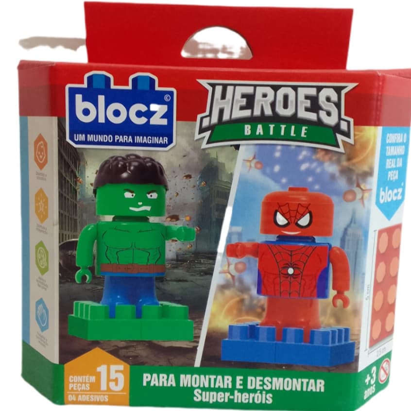 Boneco Super Herói Tipo Lego Grande Hulk E homem aranha Bloco De Montar 15 Peças e 4 Adesivos