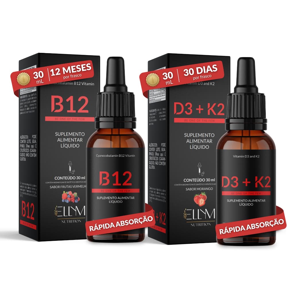 Kit Vitamina B12 + Vitamina D3 + K2 2000 Sublingual ELLYM NUTRITION Gotas Fortalecimento Ósseo