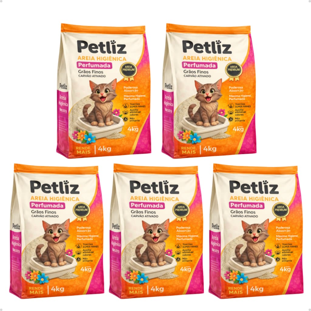Kit 5 Areia Sanitária Higiênica Argila Gatos Grãos Finos Premium Perfumada Petliz 4Kg Fardo Fechado