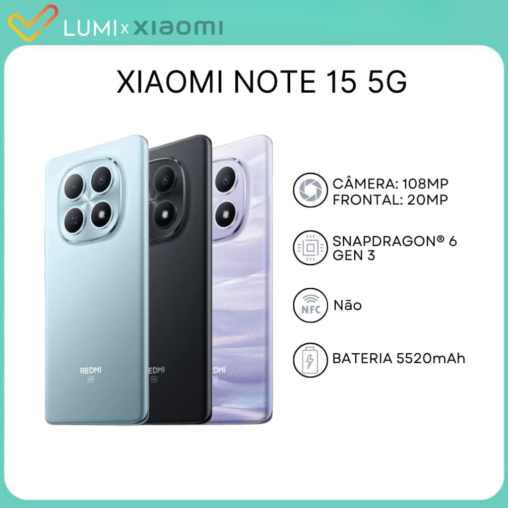 Xiaomi Redmi Note 15 5G Versão Global 256/512GB  e 8GB RAM, Processador Snapdragon 6 gen 3, Câmera 108MP