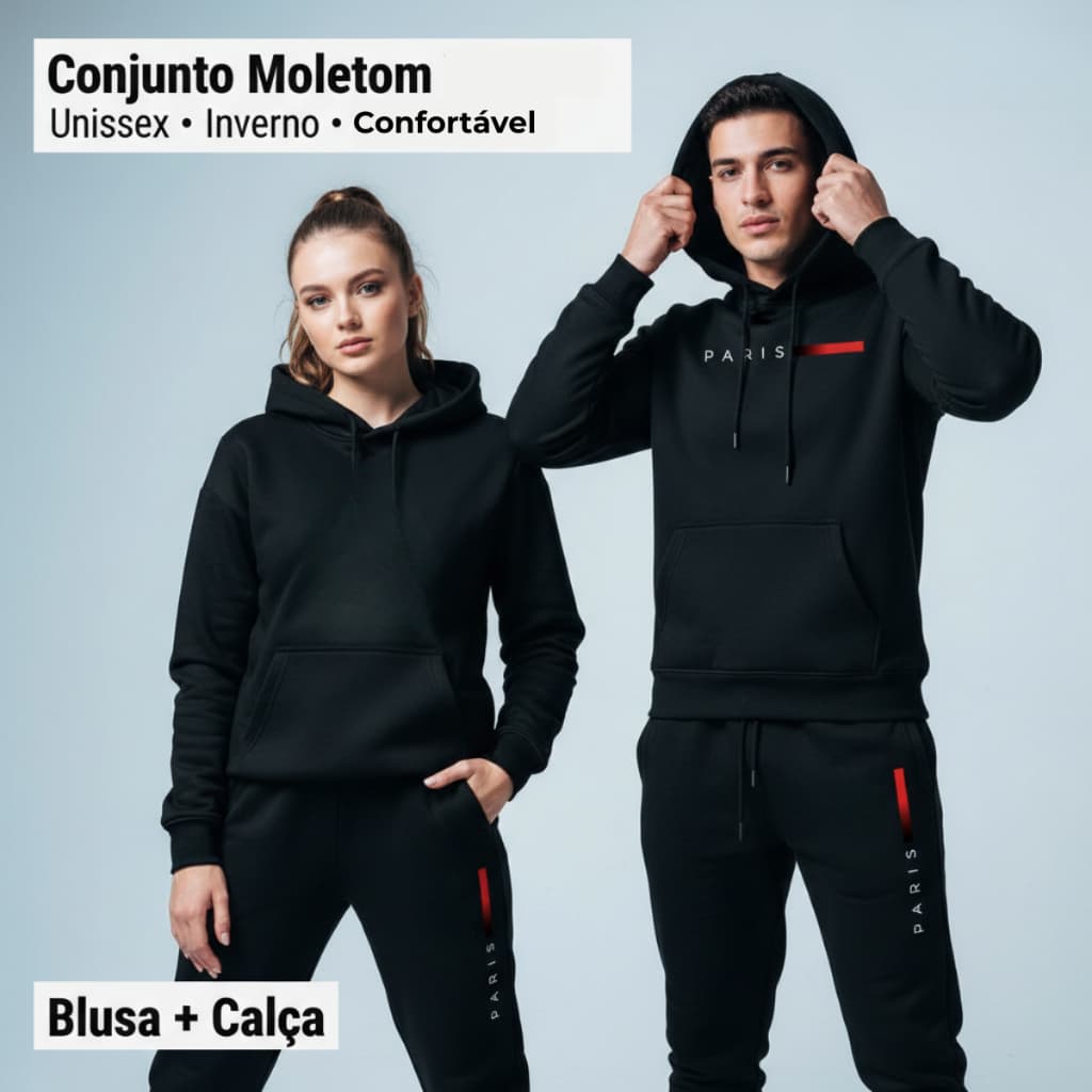 Conjunto Moletom 100% Algodão Unissex Paris Premium Calça e Blusa Capuz Canguru Agasalho Inverno