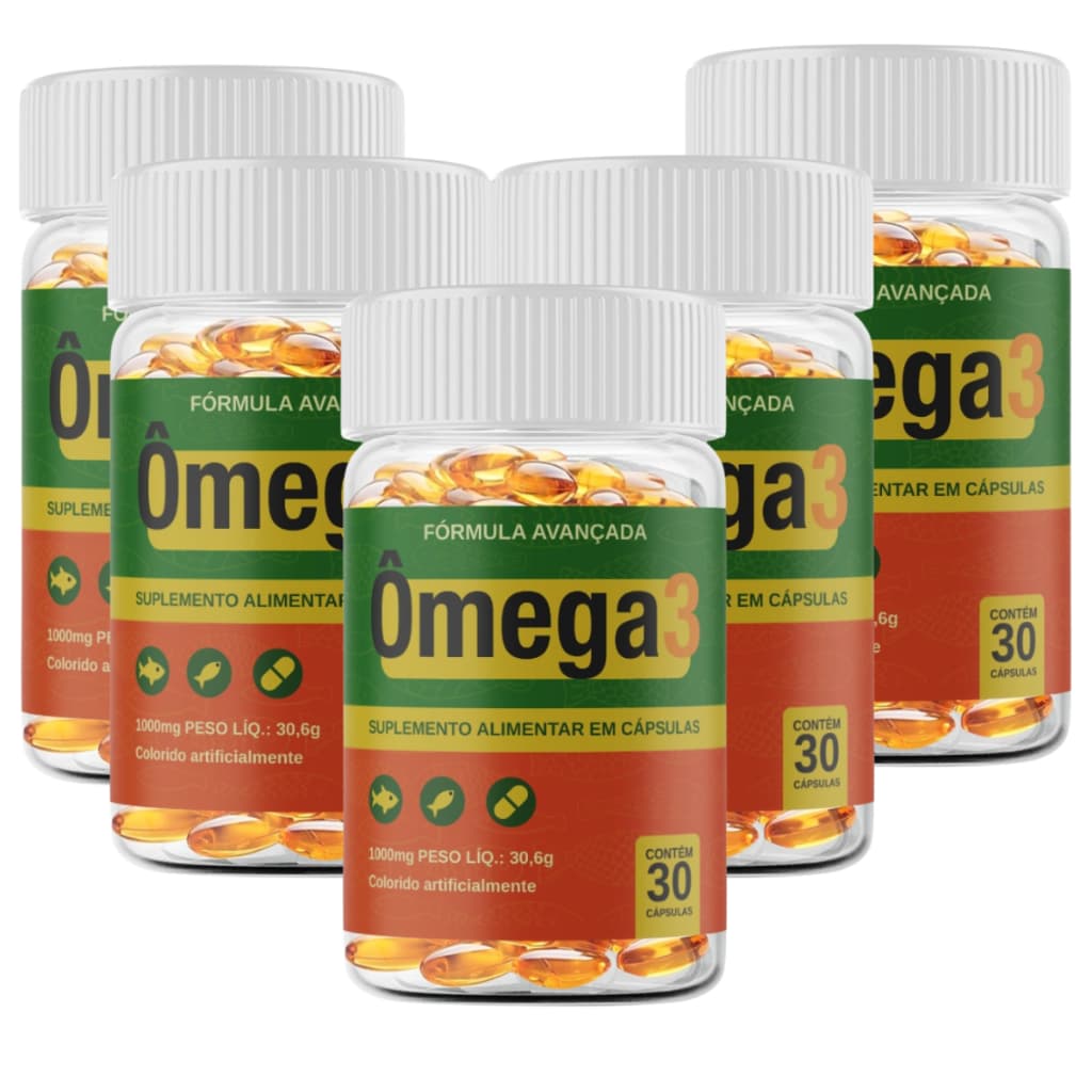 Kit 5 Frasco Ômega 3 DHA EPA 500mg com Vitamina E Óleo de Peixe 30 Cápsulas - Suplemento Original