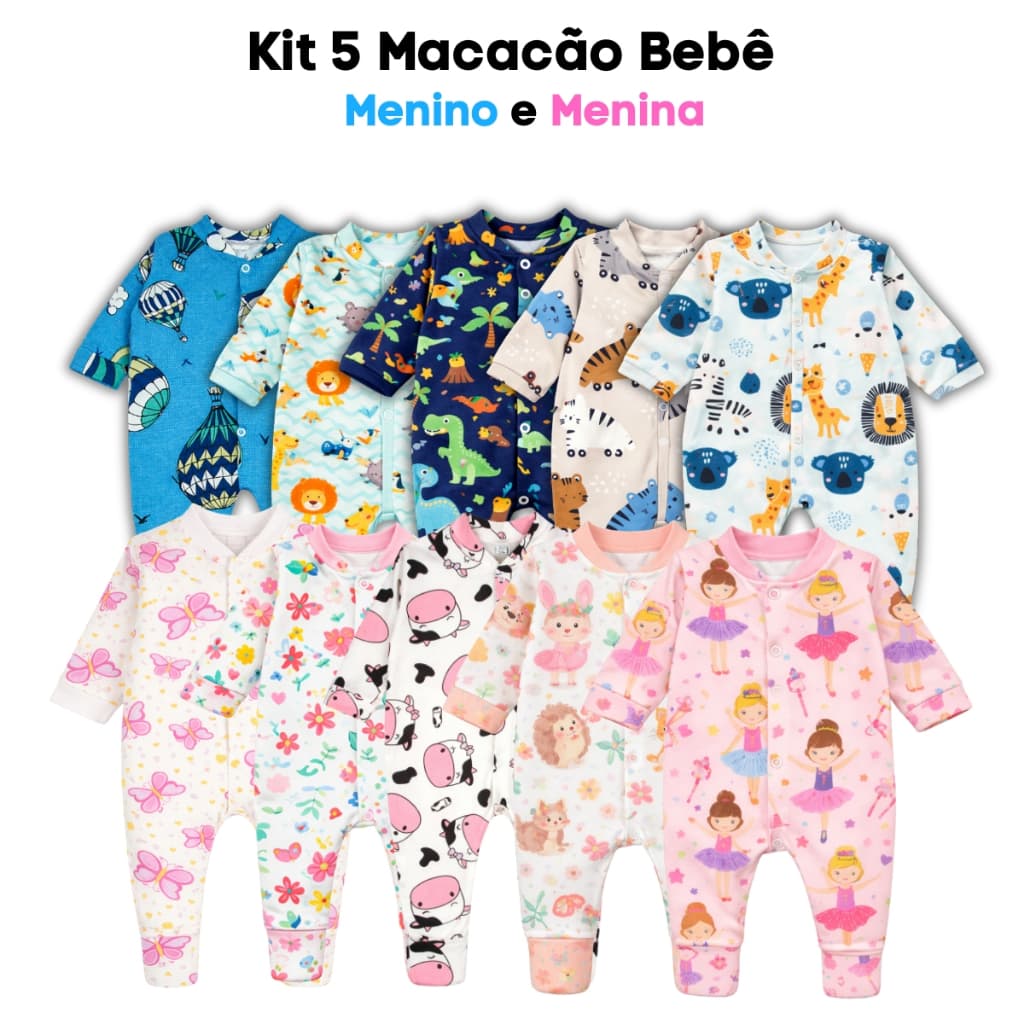 Kit 5 Macacão Estampado para Bebê - 100% algodão - Roupas para Bebê Menino e Menina P/M/G