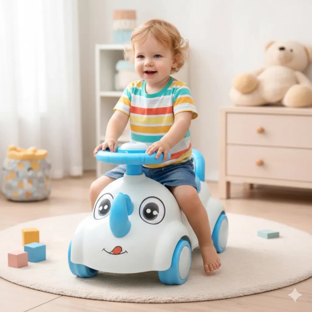 Andador Bebê Rinoceronte Azul Empurrador Infantil + Adesivos SEGURANÇA DIVERSÃO NOS PRIMEIROS PASSOS