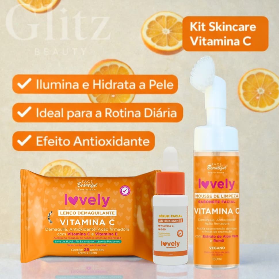 Kit Vitamina C Lovely Face Beautiful | Mousse Facial + Sérum + Lenço Demaquilante