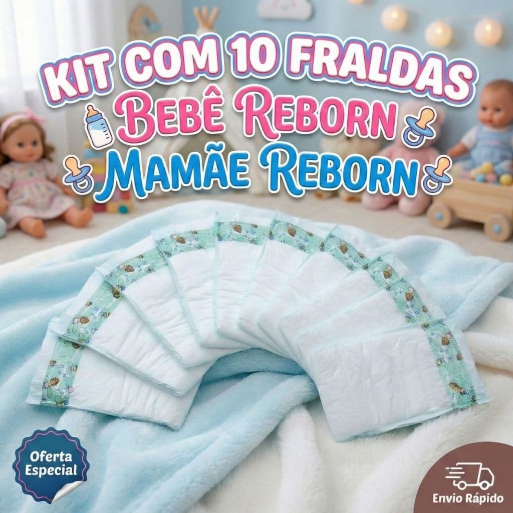 Kit 10 Fraldas Descartáveis Boneca Bebê Reborn Mamãe Reborn - Veste de 45 a 55cm!