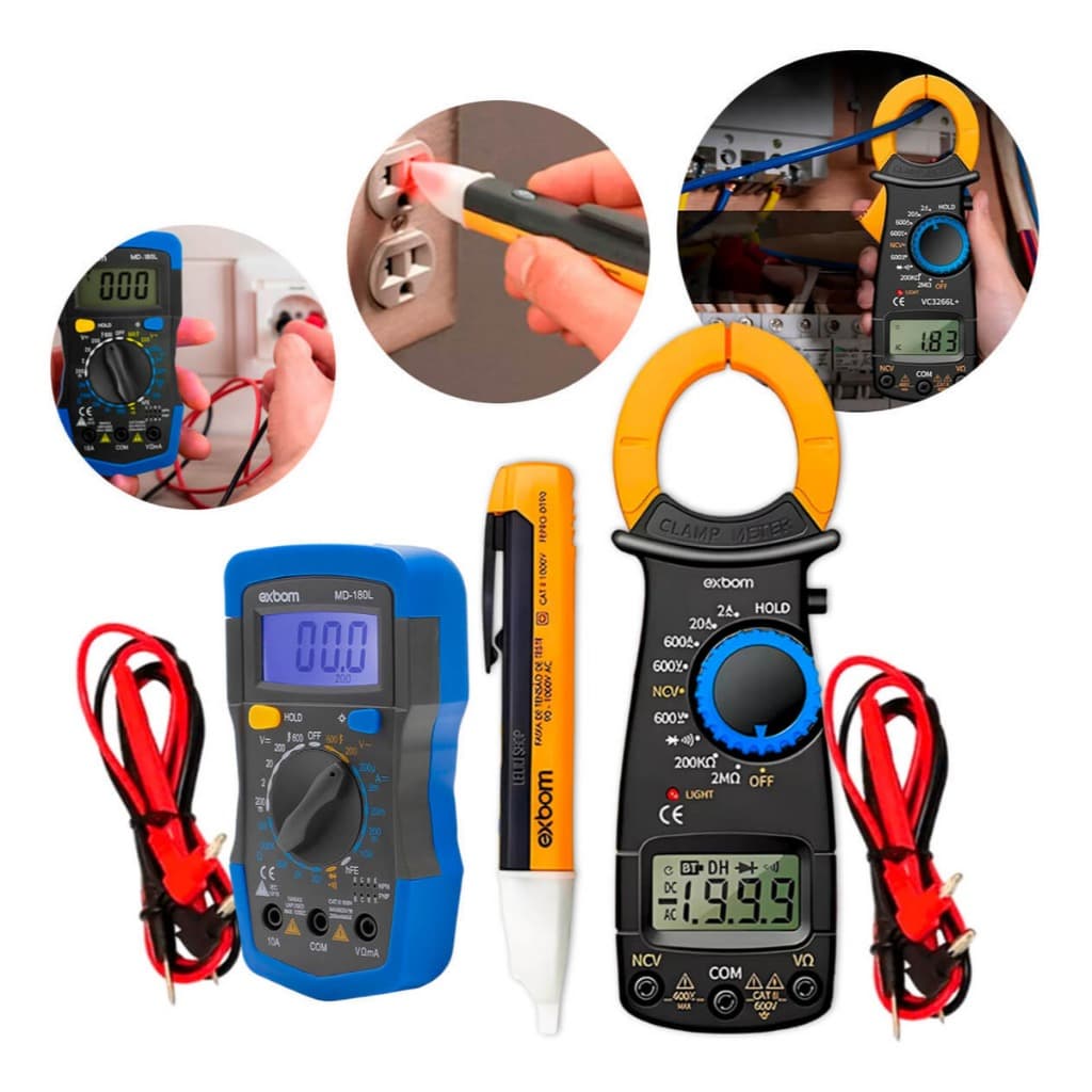 Kit Multímetro Digital + Alicate Amperímetro + Caneta Detector de Tensao