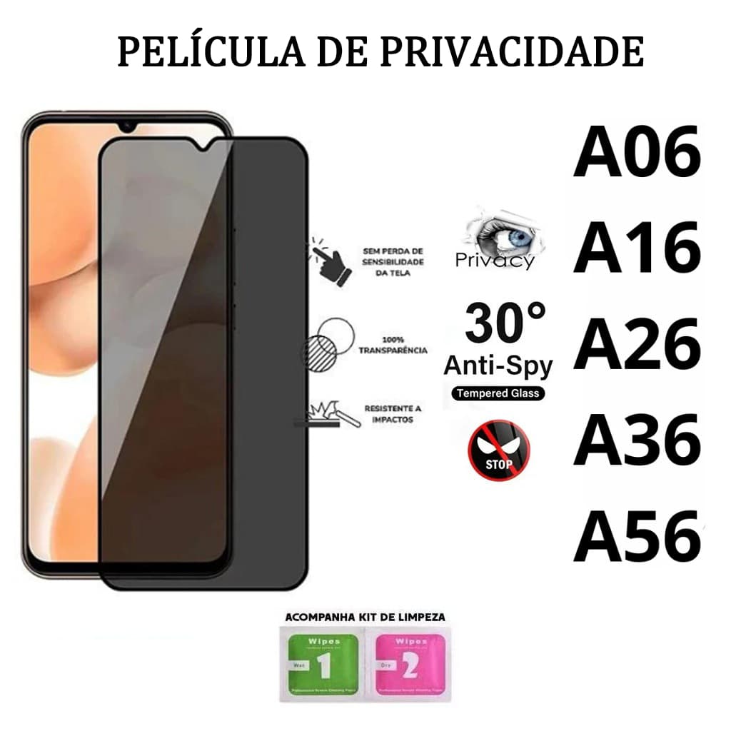 Película De Privacidade 3D Vidro Temperado Anti-Spy  Compatível Samsung A06 A16 A26 A36 A56