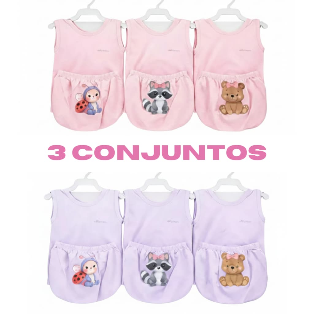 Kit 3 Conjuntos Infantil Menina Bebê Regata Tapa Fralda Calcinha 3 4 5 6 Meses Rosa