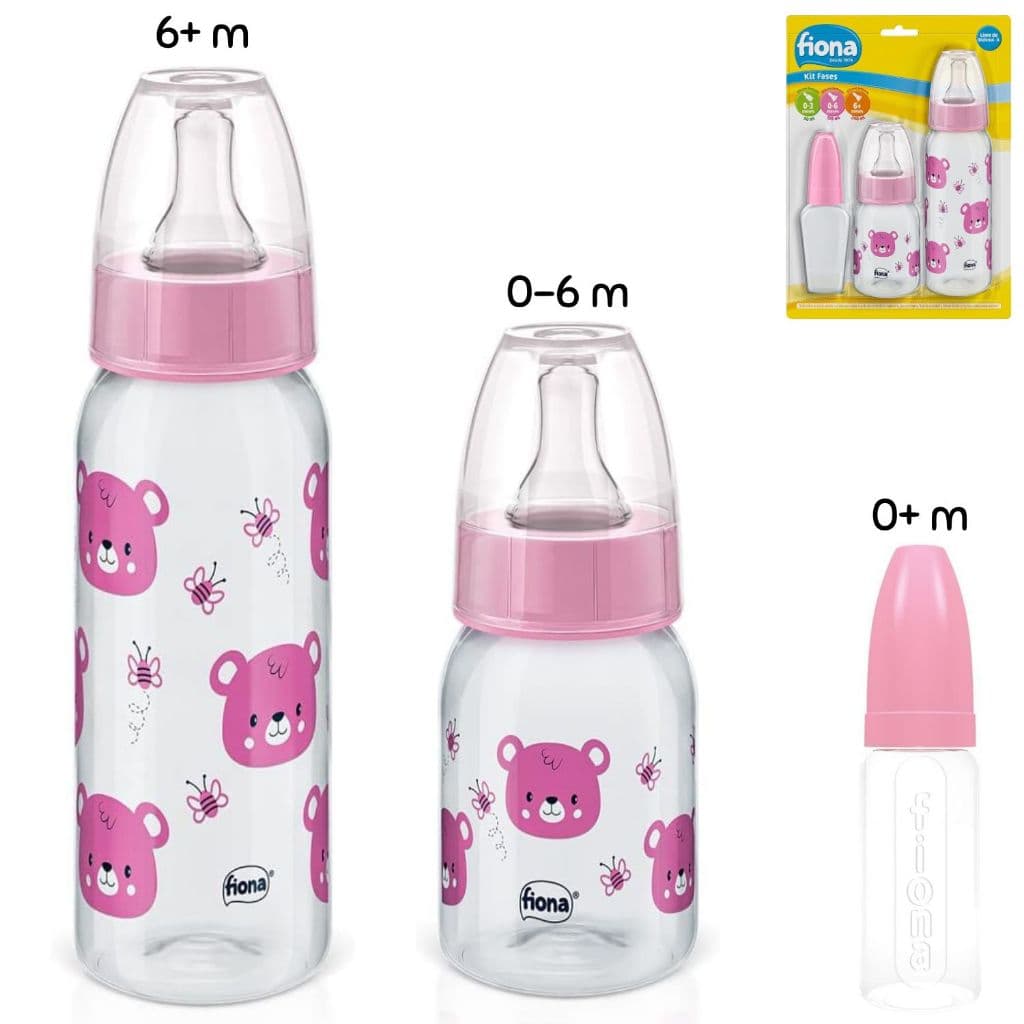 Kit 3 Mamadeiras Lillo Rosa Ursinho Menina Bico Redondo 0+M Lillo Fiona Kit Fases Mamadeira Bebê Menina