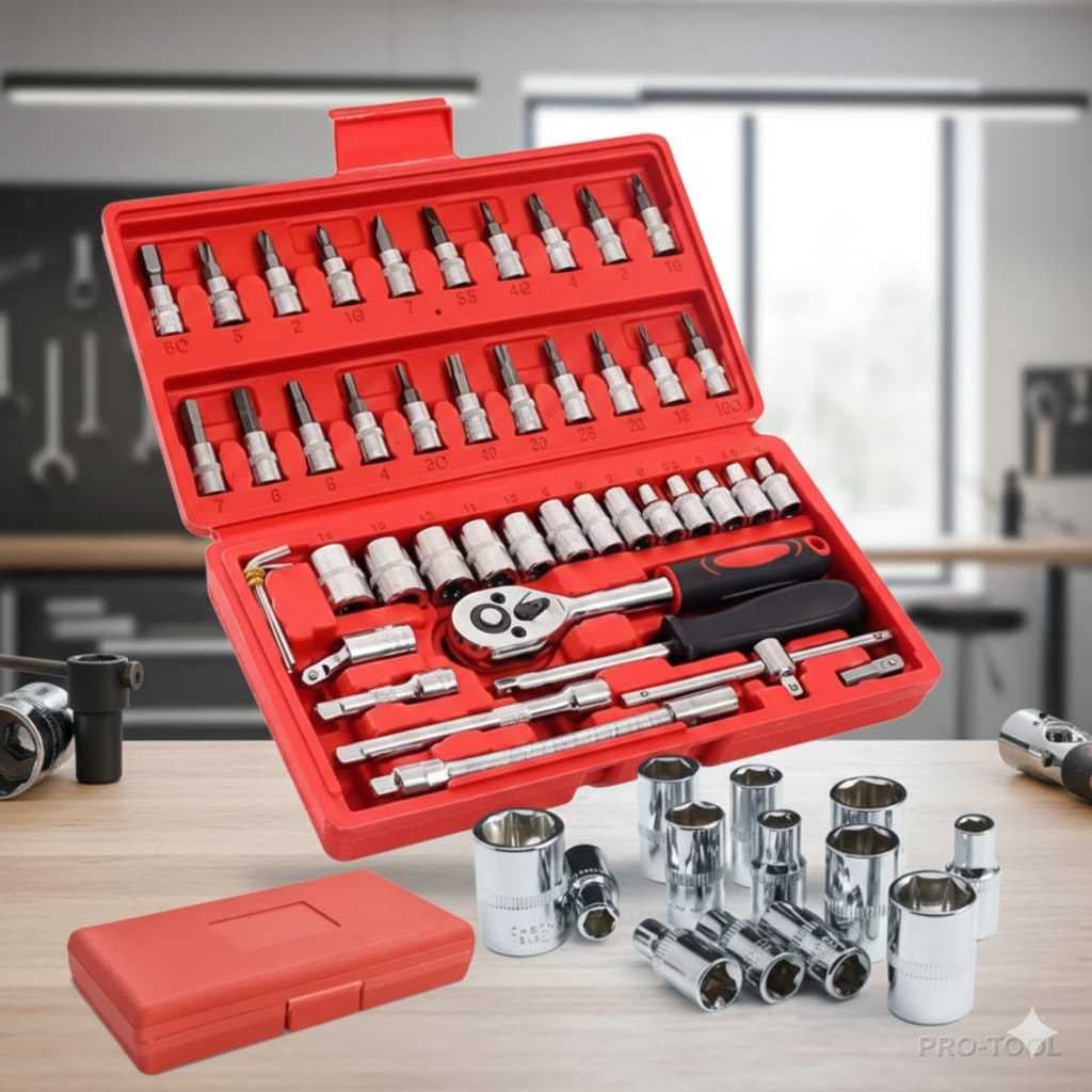 Jogo De 46 Peças  De Chave Catraca  Jogo de Soquetes e Bits com Catraca – Kit Completo Profissional