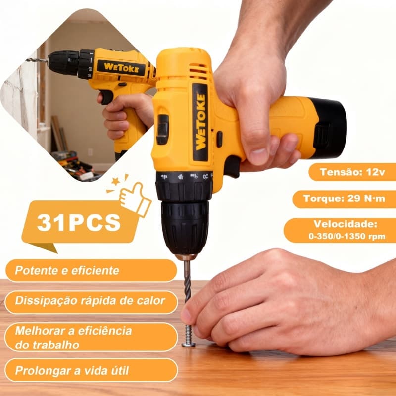 Furadeira Parafusadeira Sem Fio 12v 1350rpm Com Acessórios Amarelo 127/220v