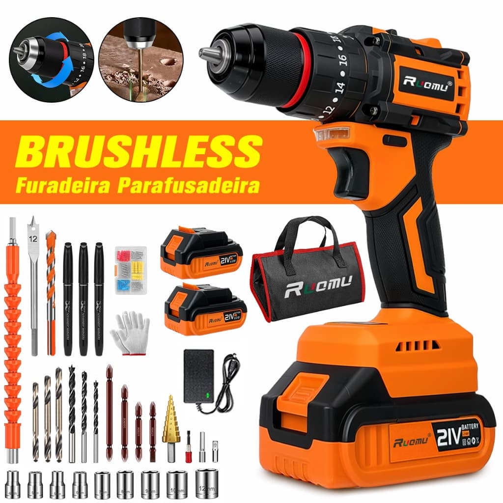 Furadeira parafusadeira profissional​ 120N.M 21v 2 Bateria 2.0AH furadeira
