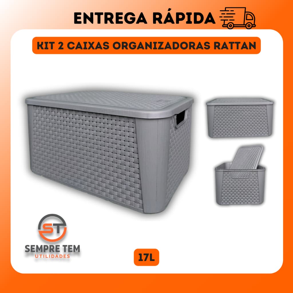 2 X Caixas Organizadora Rattan 17 Litros Cesto Plastico Multiuso Casa Quarto Cozinha Banheiro 17L