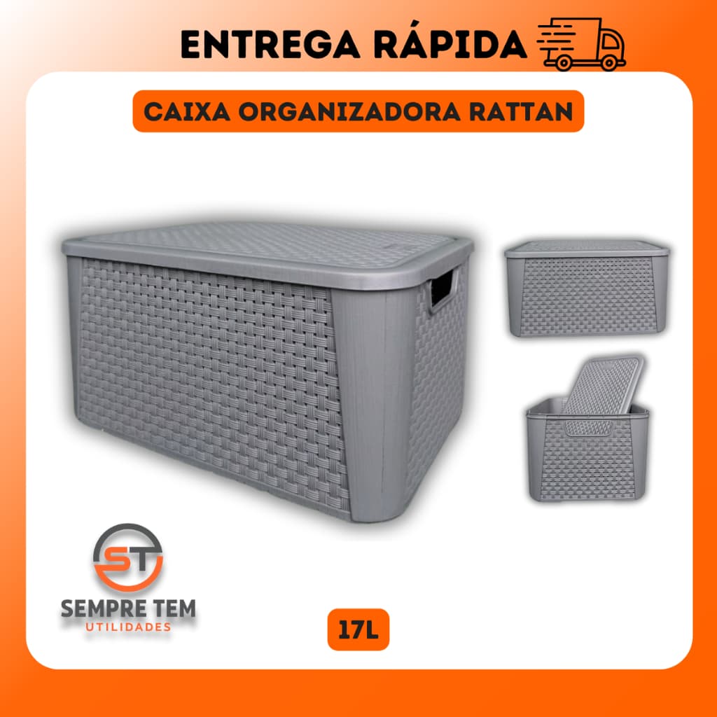 Caixa Organizadora Rattan 17L Plastico Multiuso Com Tampa Organizador Casa Quarto Sala Cozinha