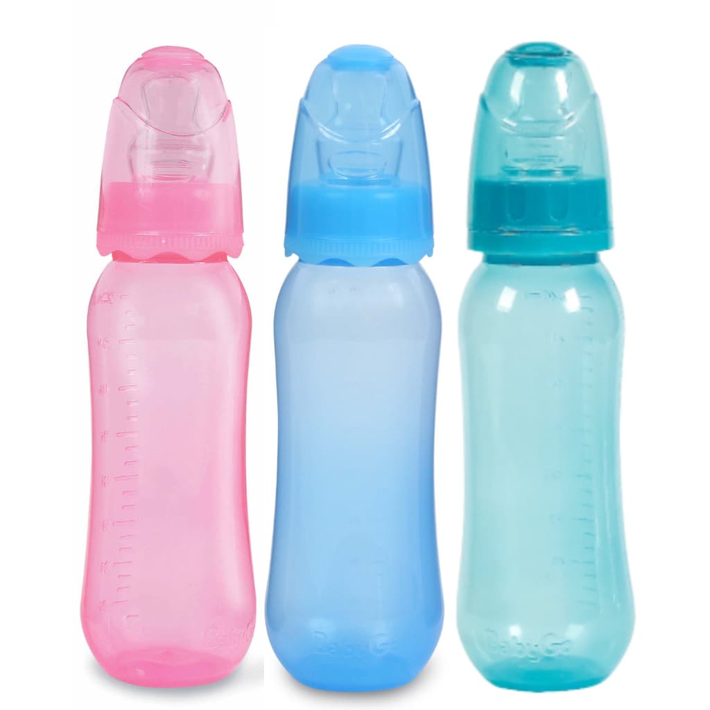 Mamadeira rosa ou azul BabyGo 240ml Antivazamento – Bico Ortodôntico 100% Silicone