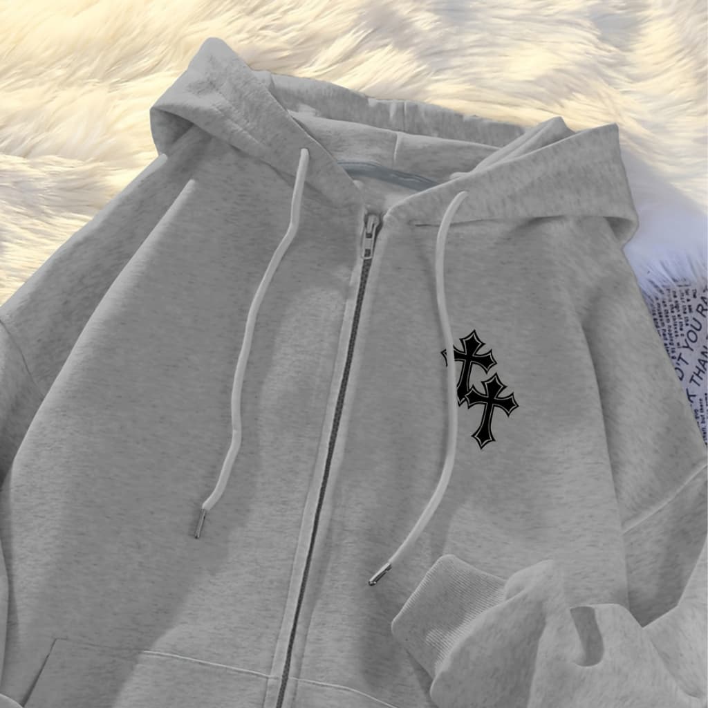 Casaco Com Capuz E Zíper Cruz Aesthetic Grunge Urban Minimalista Gringo