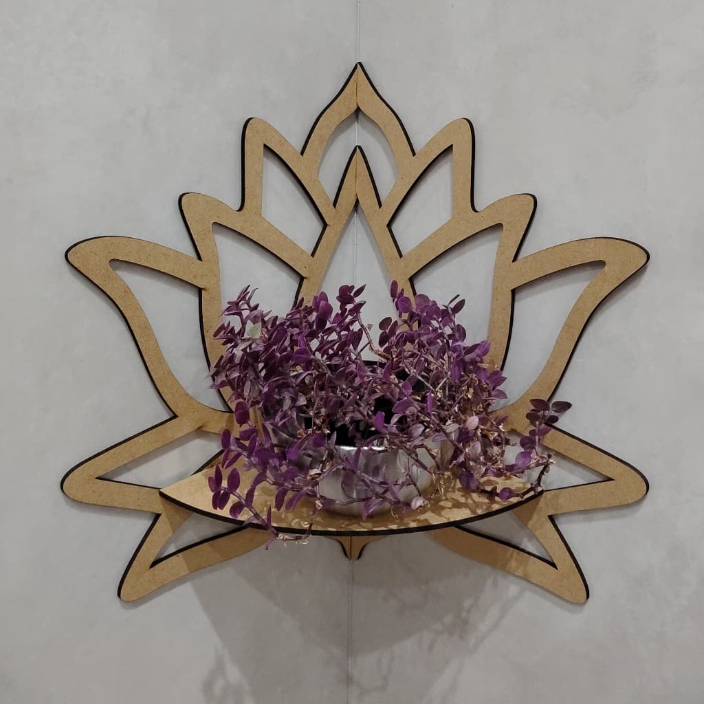 Suporte Prateleira Canto de Parede Flor de Lótus MDF 3mm Cores Dourado, Preto, Prata e Sem Pintura
