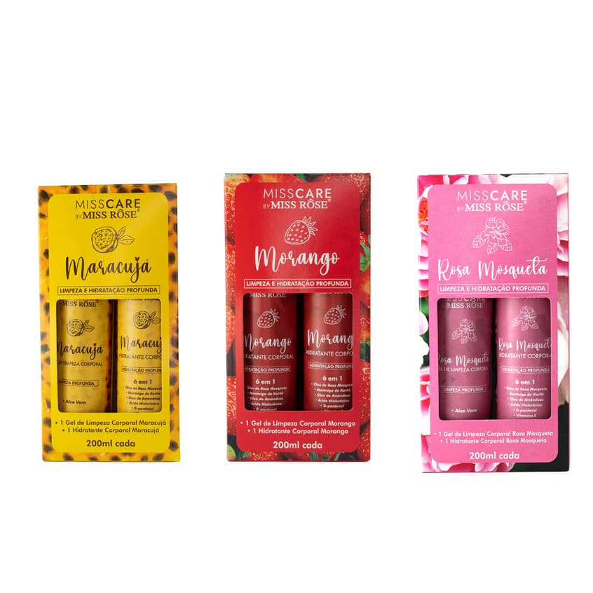 Kit Gel De Limpeza Corporal 200ml e Hidratante Corporal 200ml  Morango, Maracujá e Rosa Mosqueta