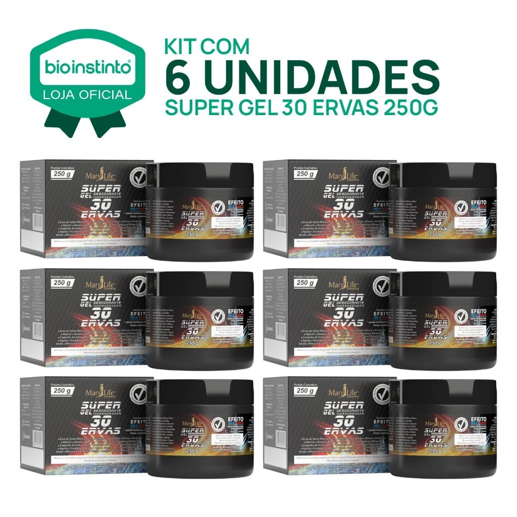 KIT 6 UN SUPER GEL 30 ERVAS Efeito Gelo Quente MARY LIFE 250g dores musculares atleta academia