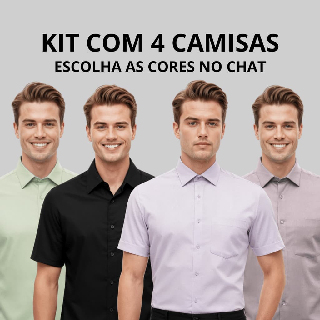 Kit 4 Camisa Social Elastano Premium Slim Fit Luxo Manga Curta Slim Elegante