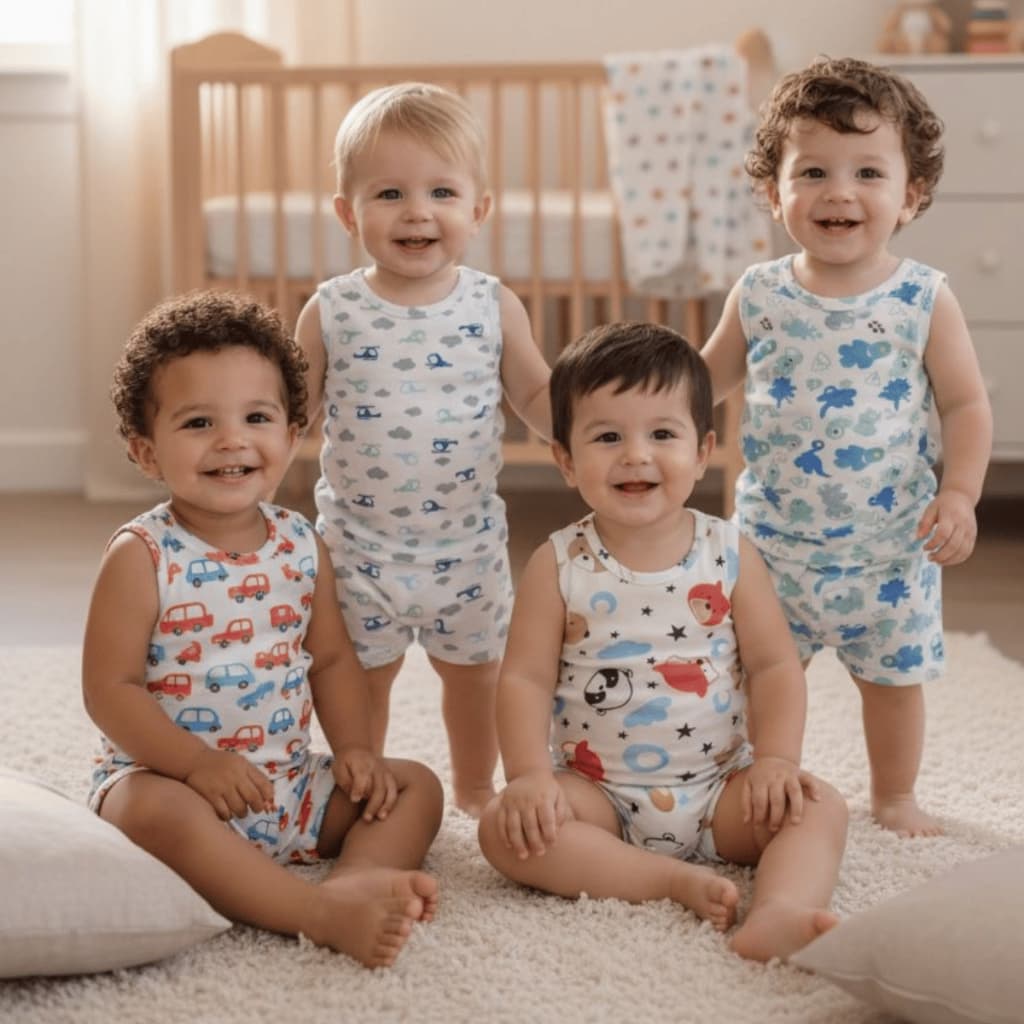 Kit Body Regata de Bebe + Short Canelado Estampado Menino Enxoval de Bebe de Verão  100% Algodão