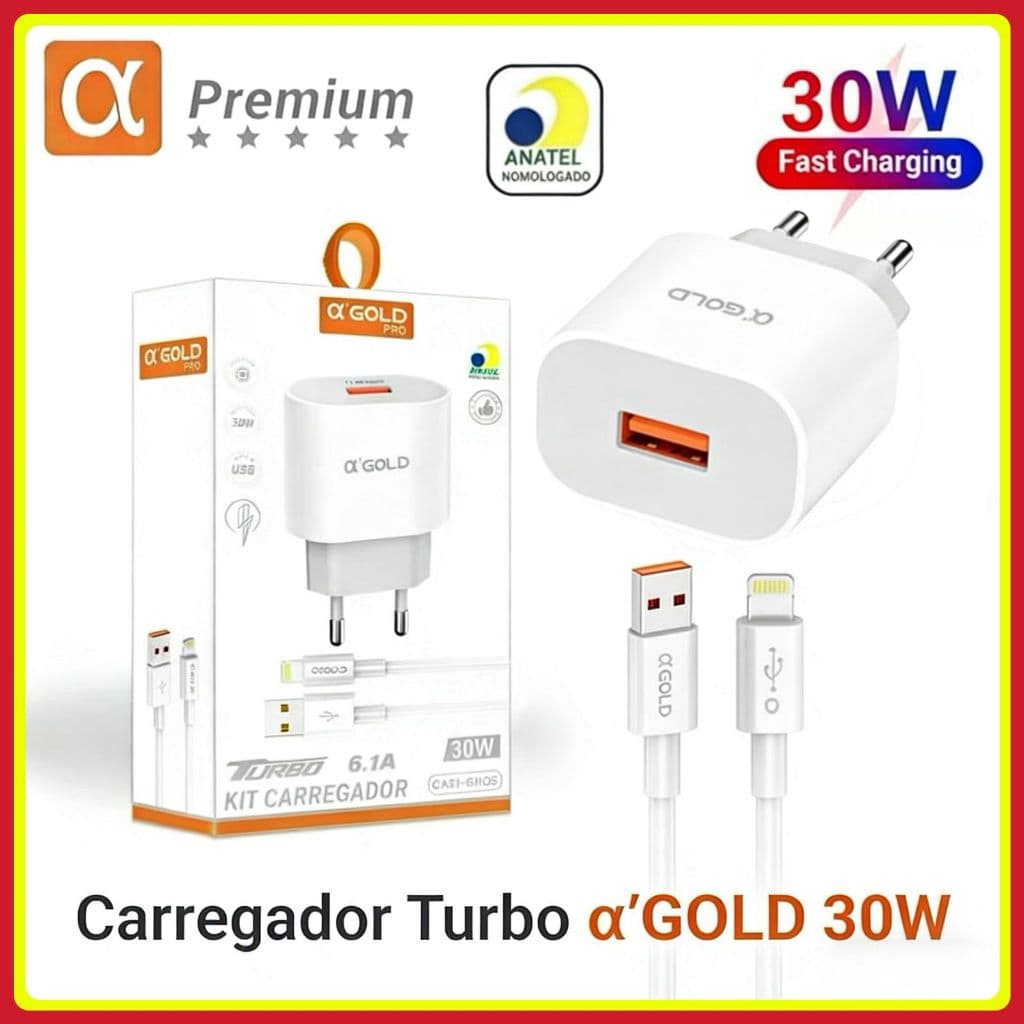 Carregador iPhone 30W Turbo 6.1A USB com Cabo Lightning Carregamento rápido original A’Gold